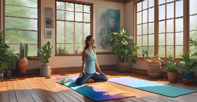 A peaceful yoga studio with a person in tree pose, surrounded by plants and colorful mats, illuminated by warm morning light.