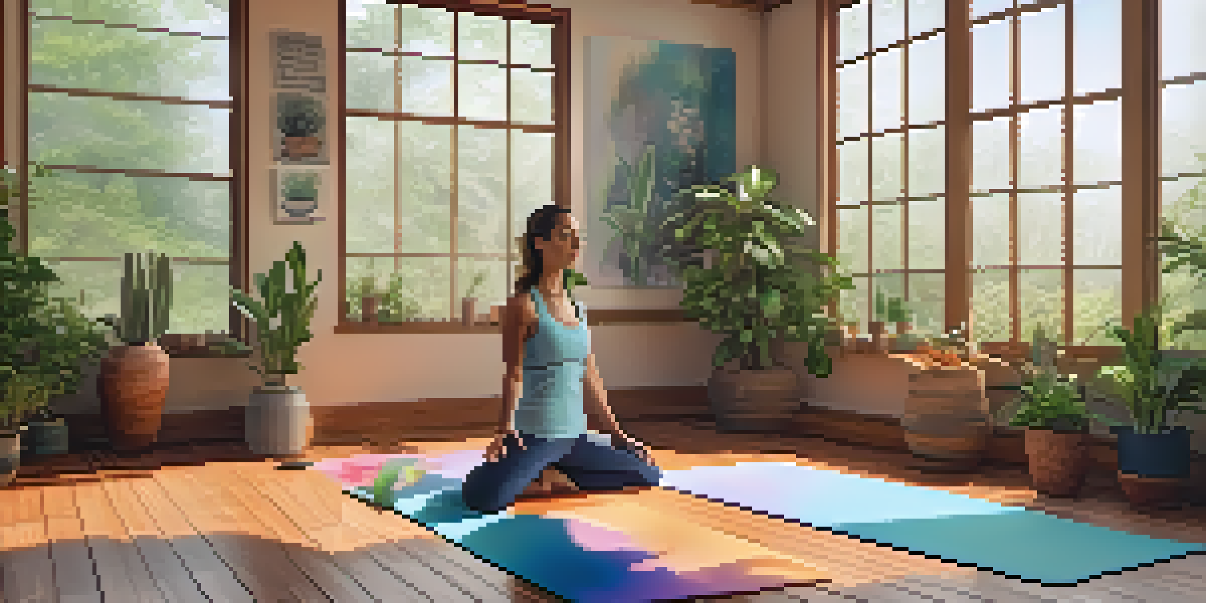 A peaceful yoga studio with a person in tree pose, surrounded by plants and colorful mats, illuminated by warm morning light.