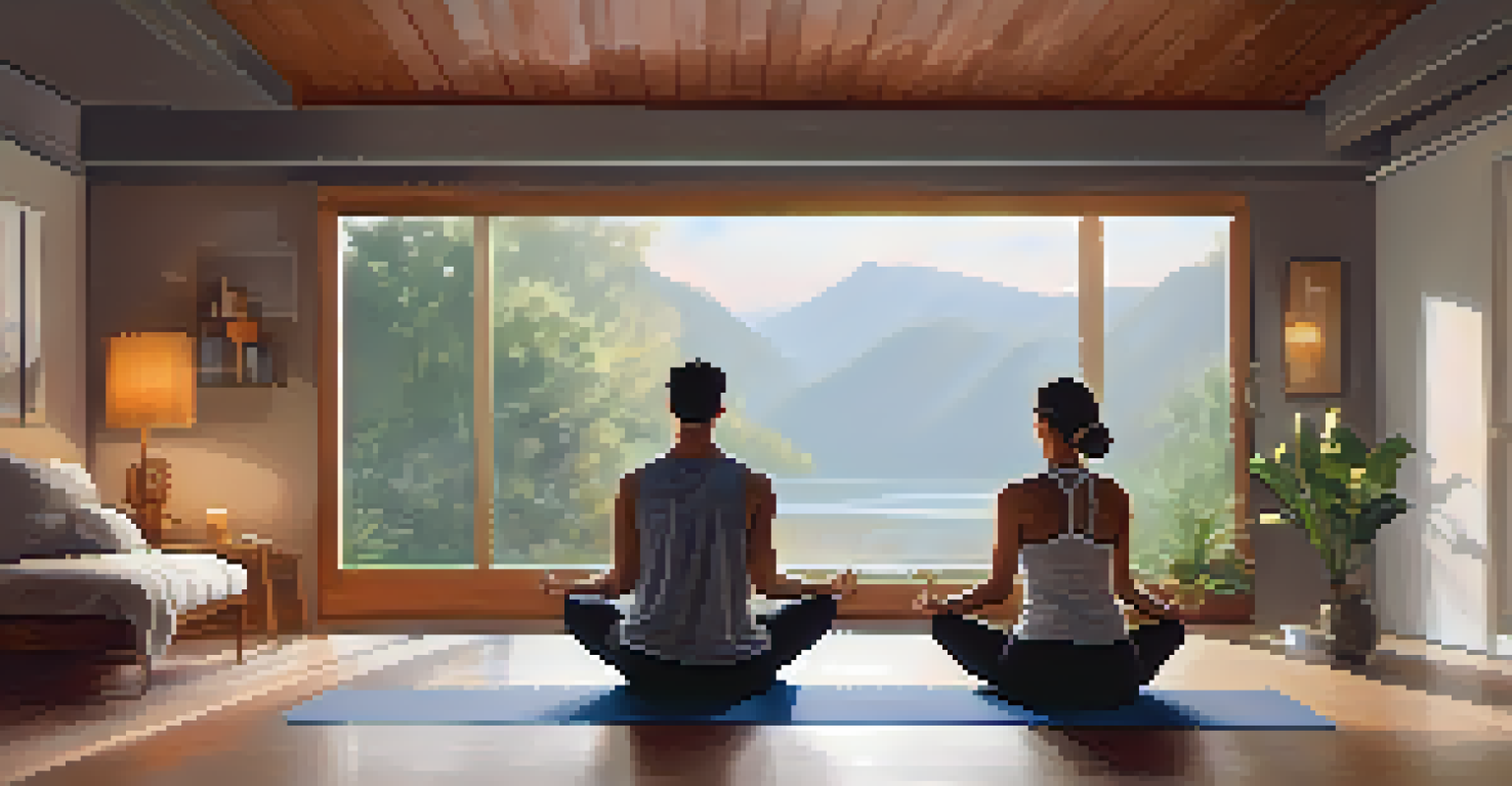 Two partners in a cozy room practicing the Seated Forward Bend pose, sitting on mats and holding hands while leaning forward, exuding calmness and connection.