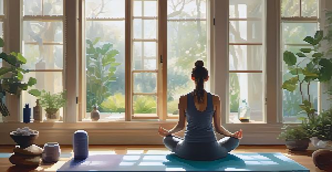 A peaceful yoga studio with soft light, a yoga mat, essential oil bottles, and a practitioner meditating.