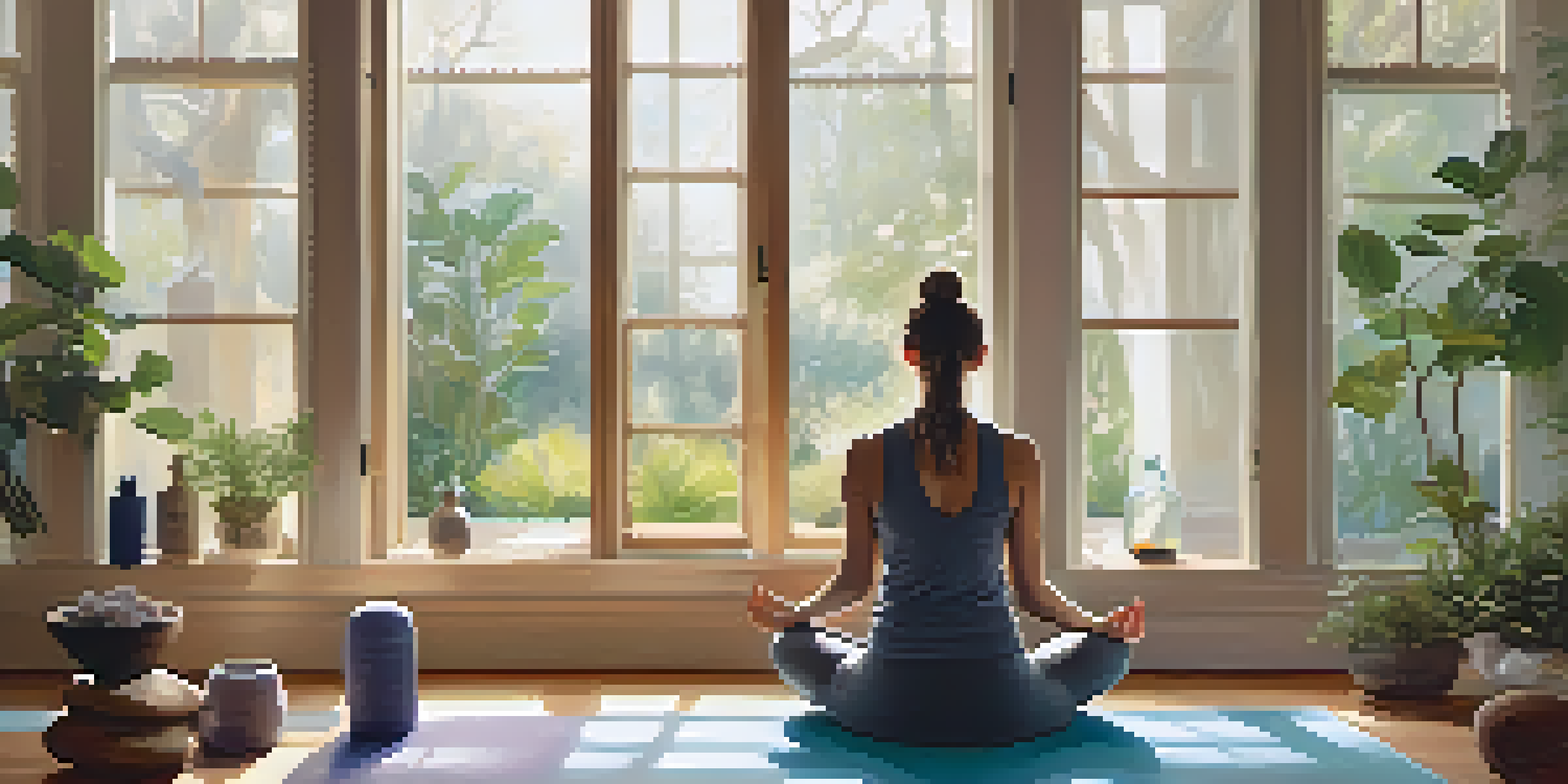 A peaceful yoga studio with soft light, a yoga mat, essential oil bottles, and a practitioner meditating.