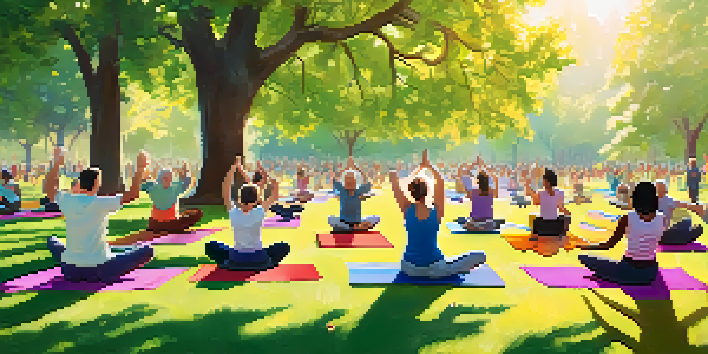 A diverse group of people engaging in laughter yoga outdoors in a sunny park, surrounded by nature and colorful yoga mats.
