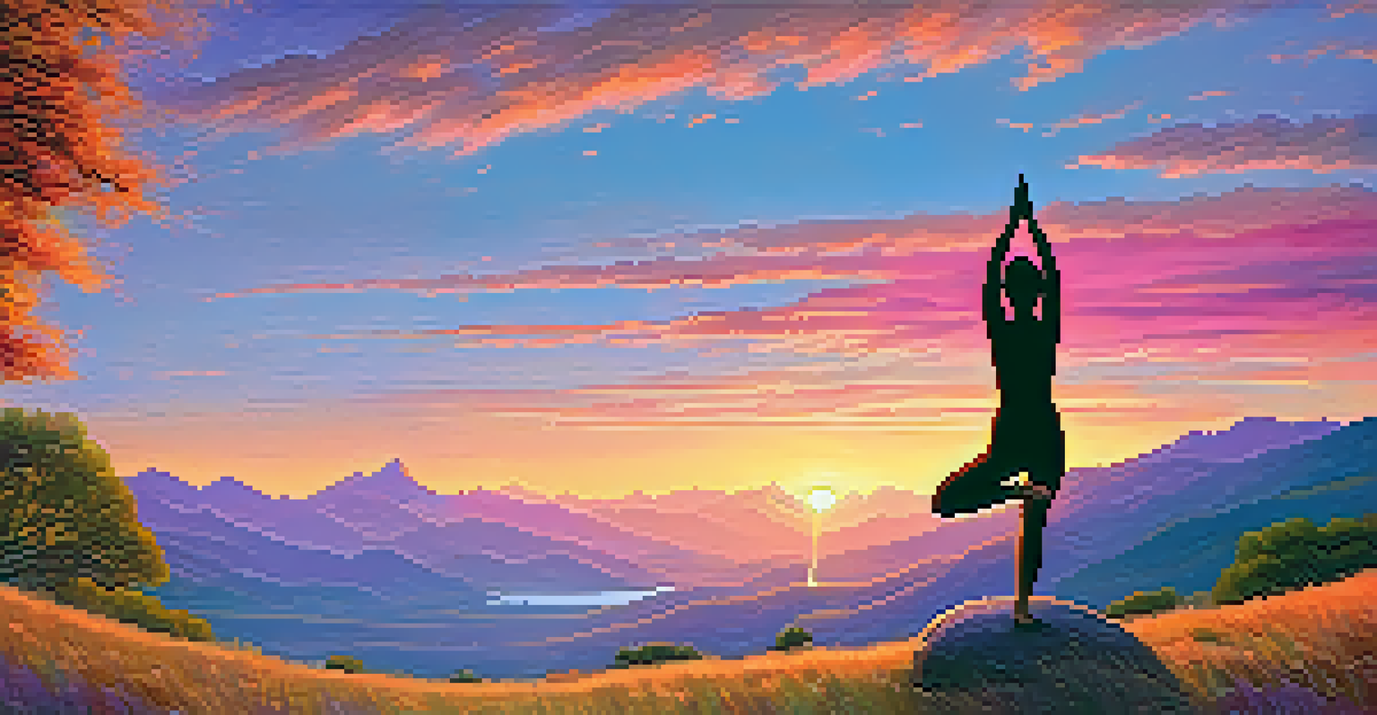 A person practicing yoga on a hilltop at sunrise, with a stunning view of mountains and a colorful sky, embodying creativity and new beginnings.
