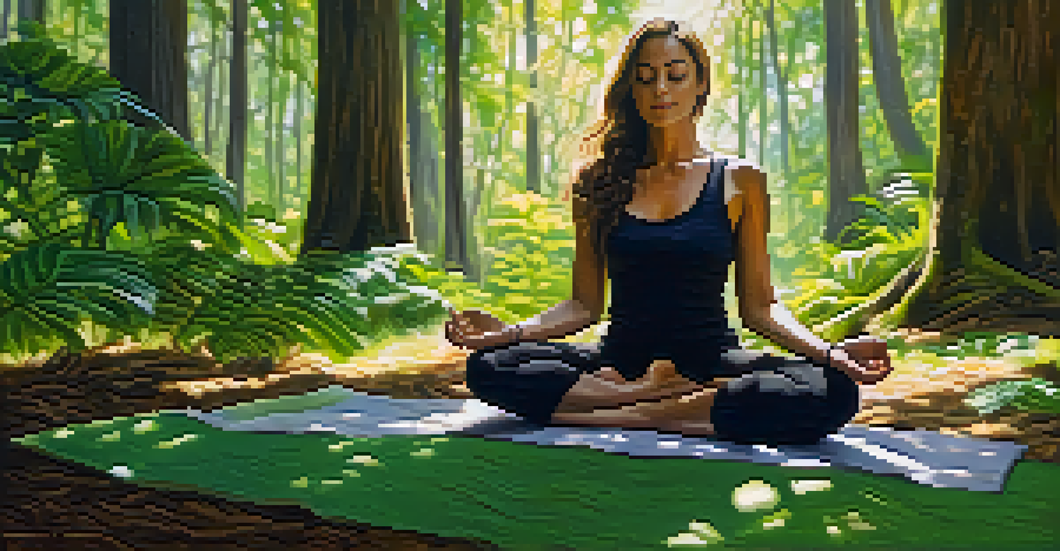 A person practicing breathwork in a forest, sitting cross-legged on a yoga mat with sunlight filtering through the trees.