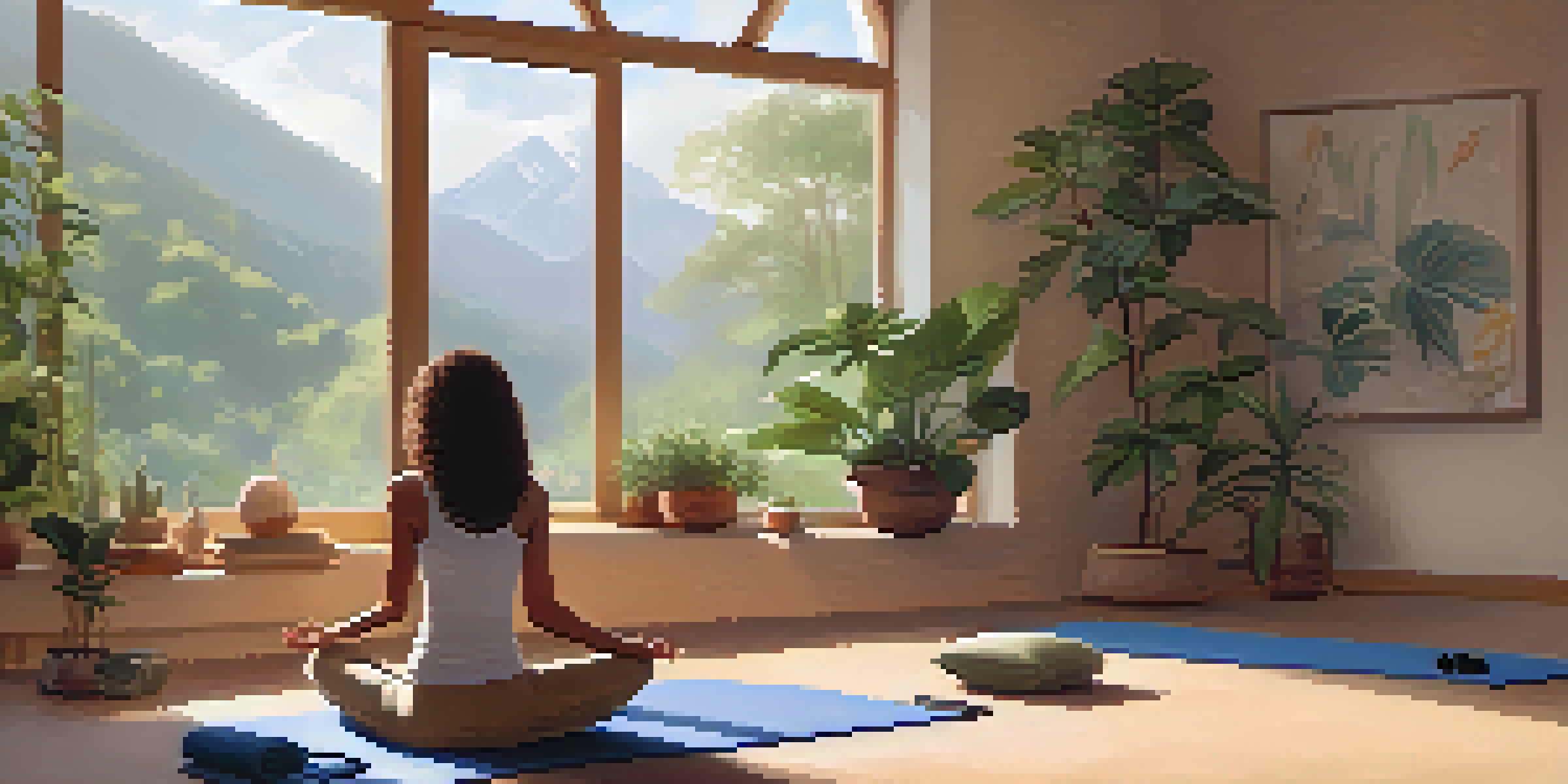 A person practicing Supported Child's Pose in a peaceful indoor yoga space with soft lighting and natural elements.