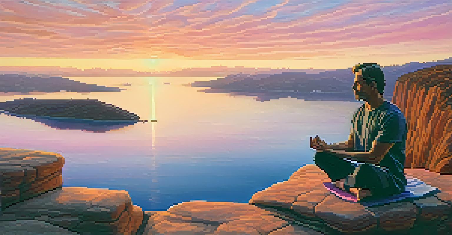 A man practicing yoga at sunrise on a cliff with a beautiful landscape view.