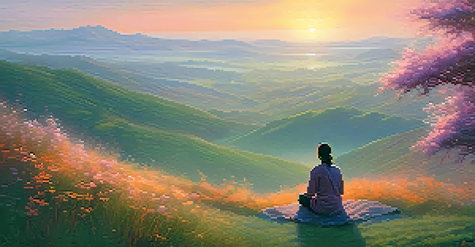 A person meditating on a hilltop at sunrise, surrounded by flowers and a misty valley.