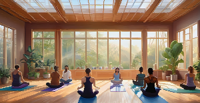 A peaceful yoga studio with a diverse group practicing yoga together in soft morning light, surrounded by plants and calming decor.