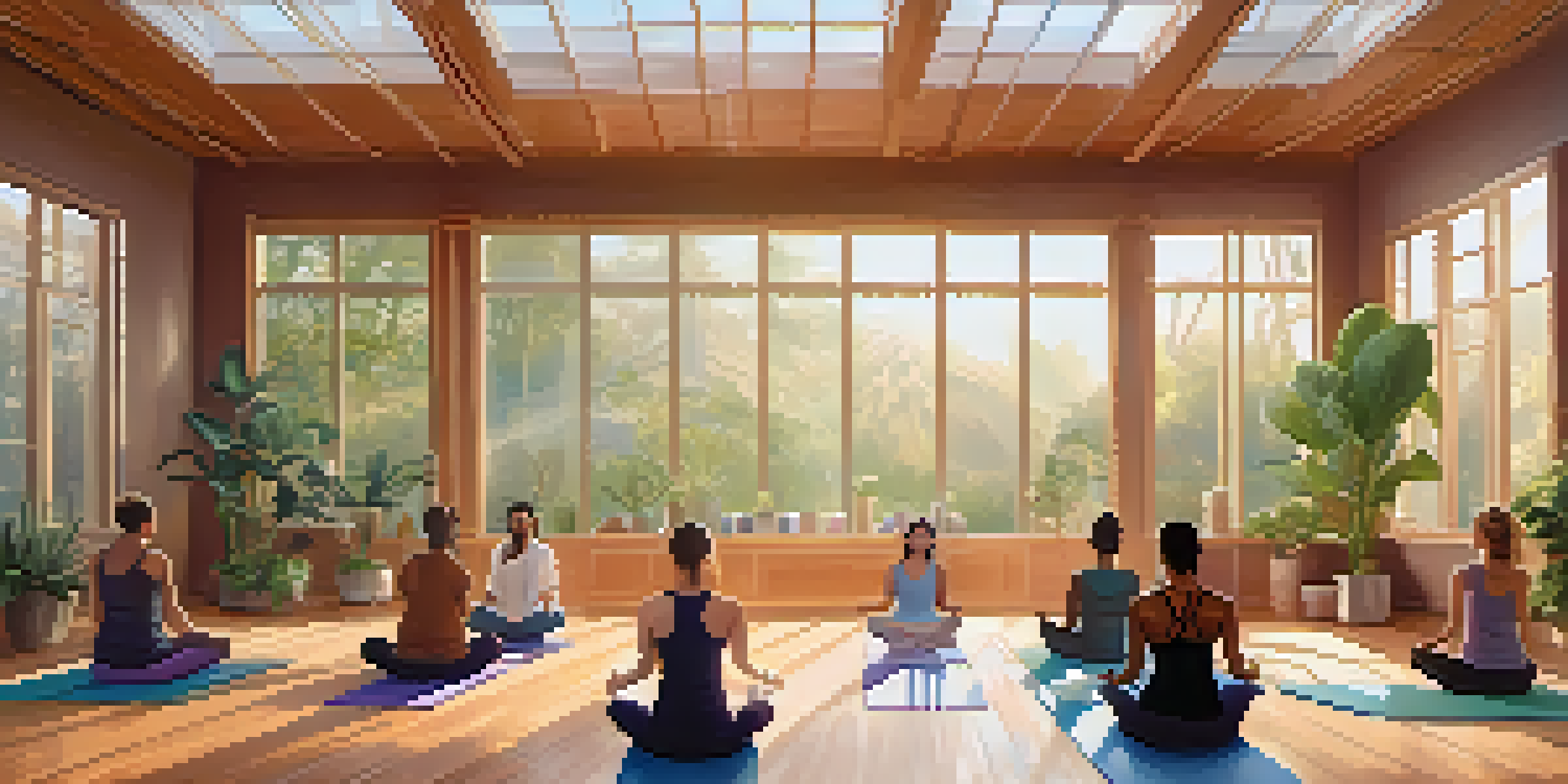 A peaceful yoga studio with a diverse group practicing yoga together in soft morning light, surrounded by plants and calming decor.