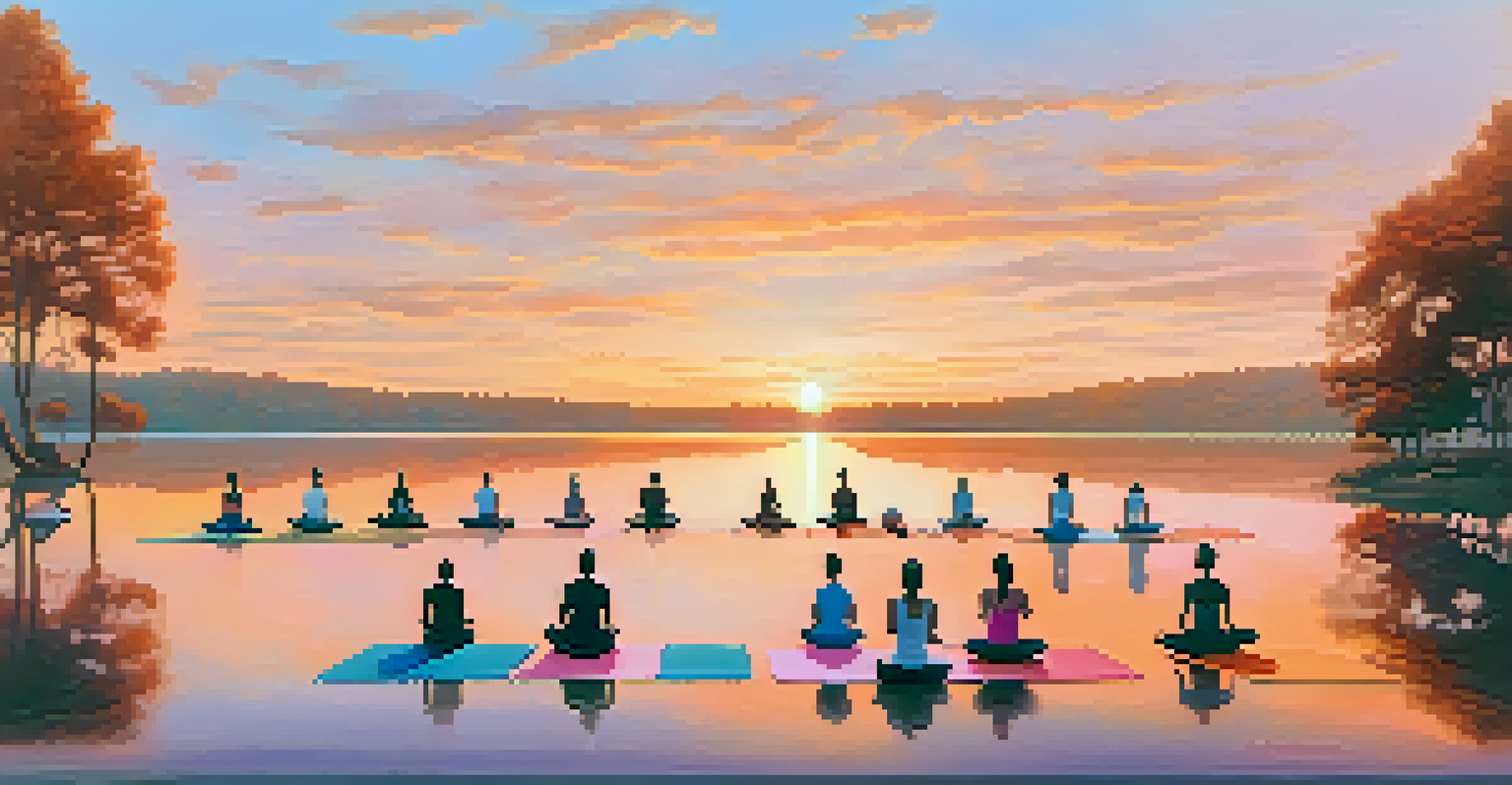 A group of people practicing yoga outdoors at sunrise by a lake, with vibrant colors in the sky.