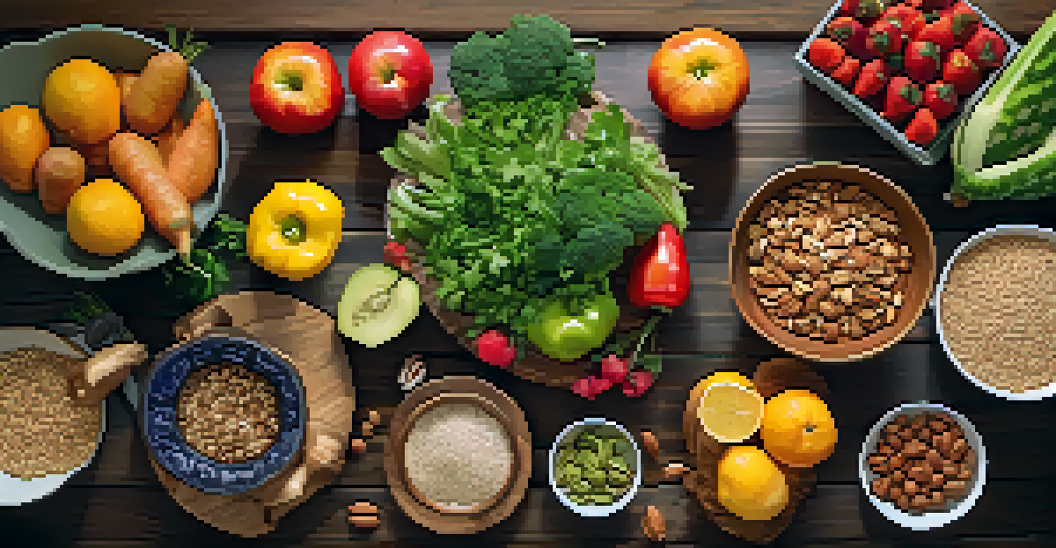 An overhead view of a table filled with fresh whole foods like vegetables, grains, nuts, and fruits.