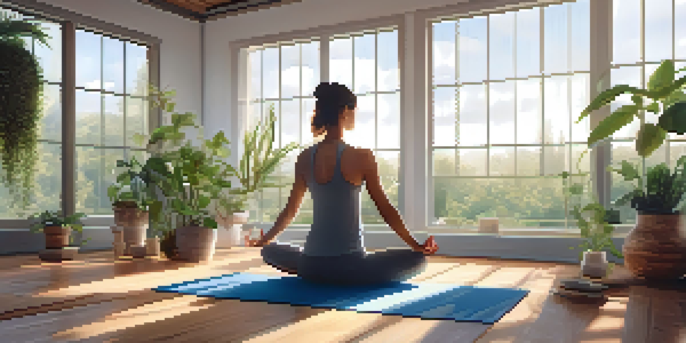 A peaceful yoga studio with a person practicing yoga amidst soft lighting and greenery.