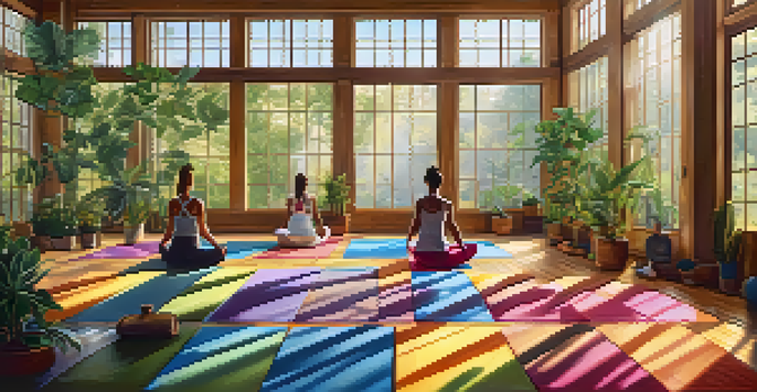 A diverse group of athletes practicing yoga in a bright studio with large windows and plants, creating a peaceful atmosphere.