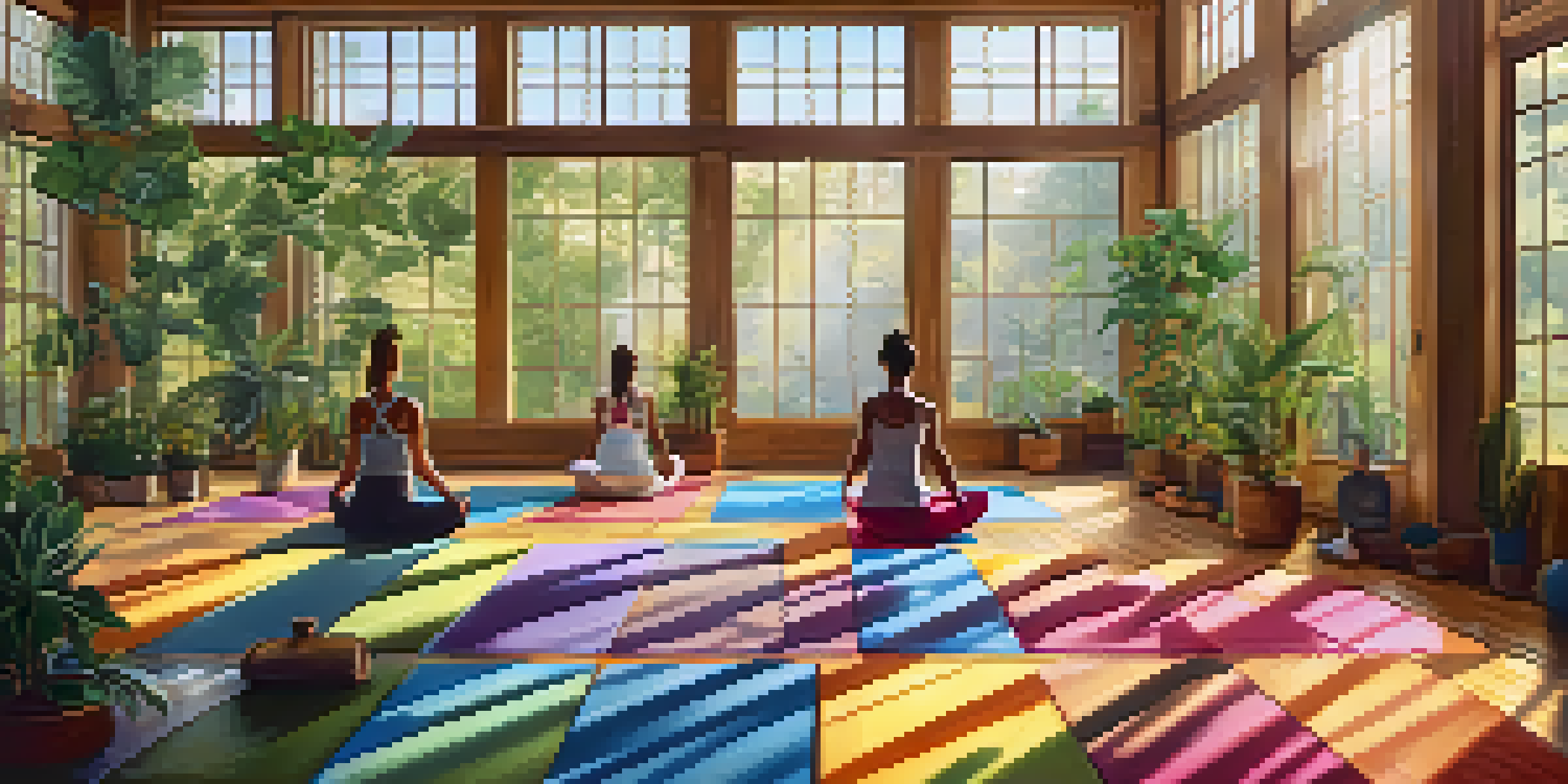 A diverse group of athletes practicing yoga in a bright studio with large windows and plants, creating a peaceful atmosphere.