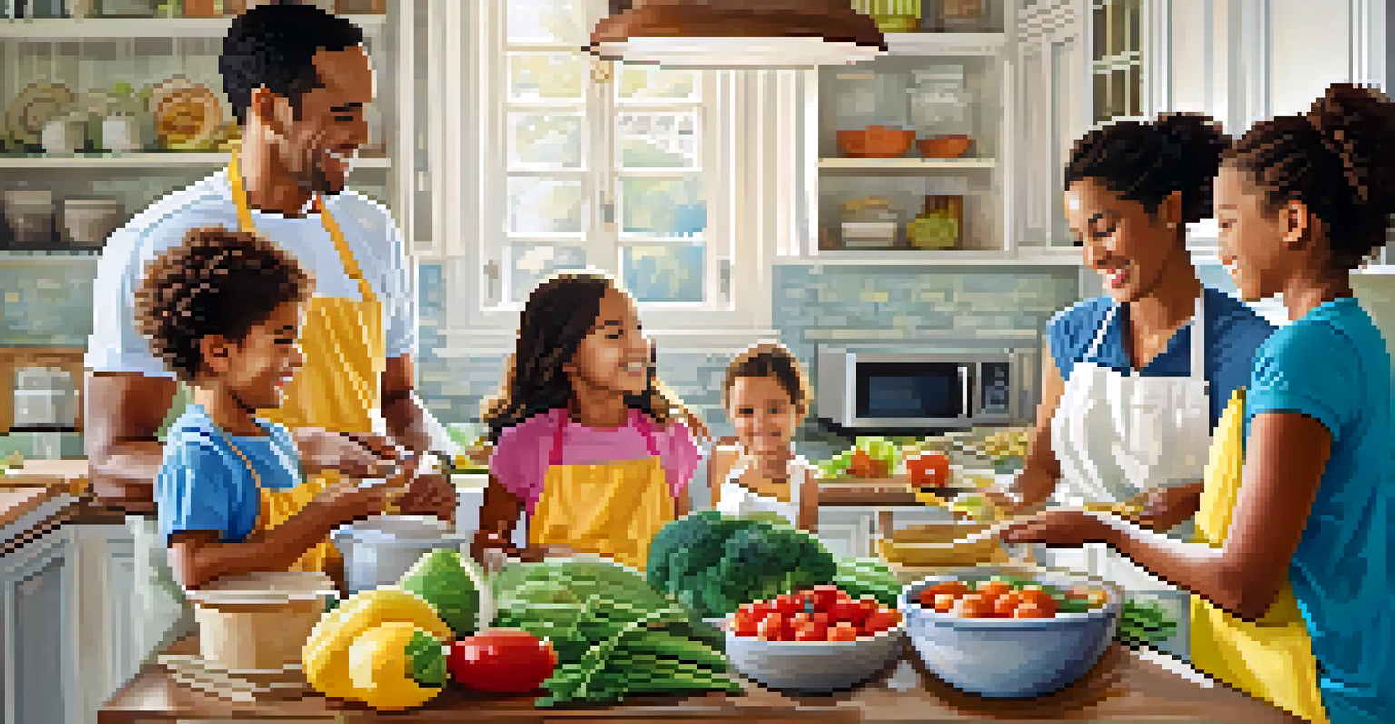 A happy family cooking together in a colorful kitchen, enjoying the process.