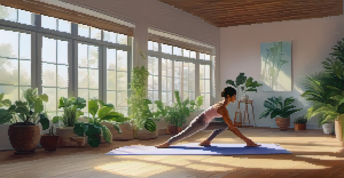 A woman practicing the supported fish pose in a tranquil yoga studio with natural light and plants.