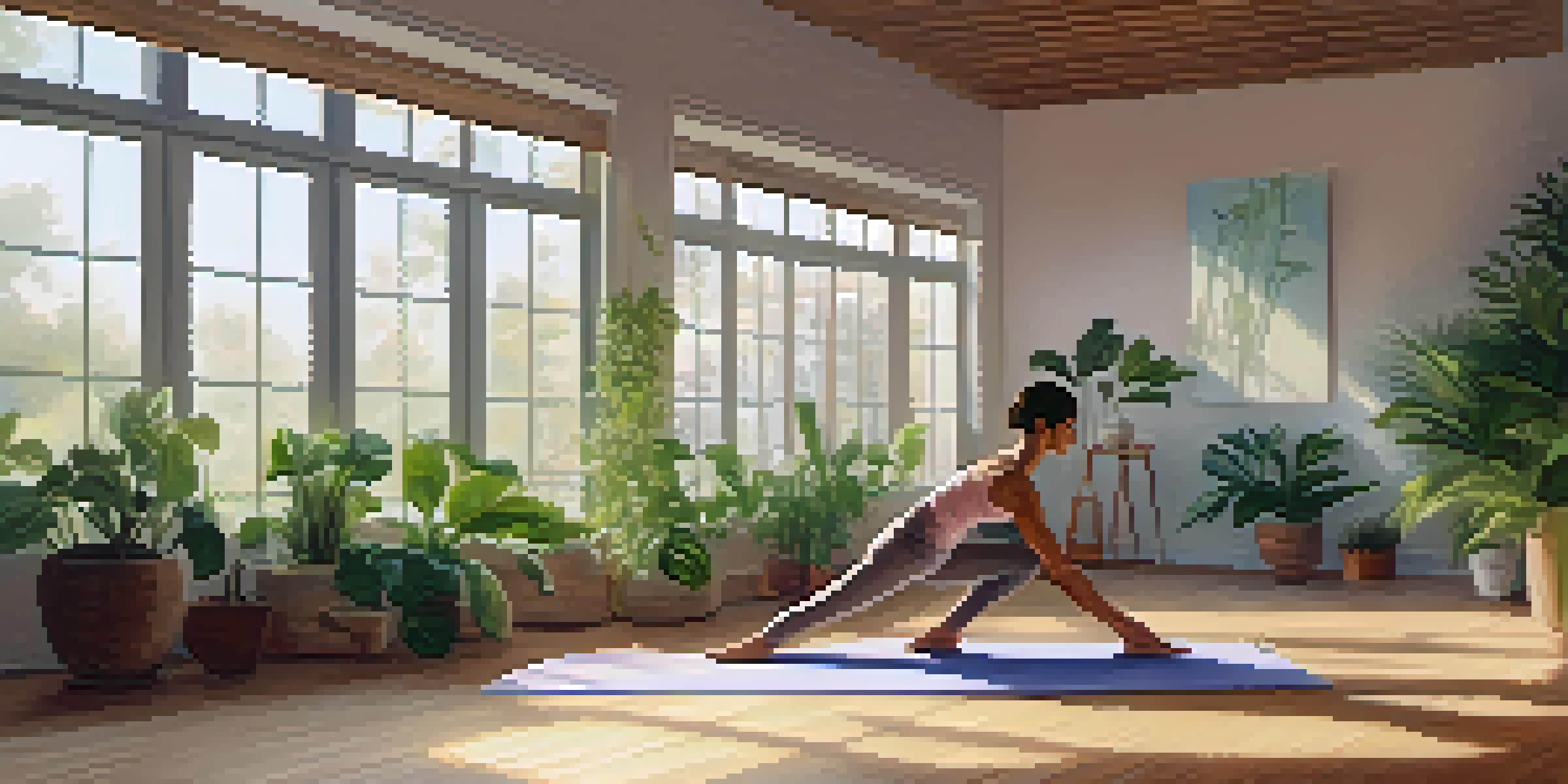A woman practicing the supported fish pose in a tranquil yoga studio with natural light and plants.