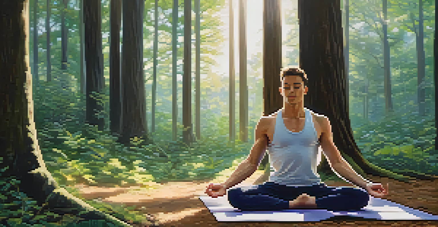 A male athlete meditating in a serene forest, sitting cross-legged on a yoga mat with sunlight filtering through the trees.