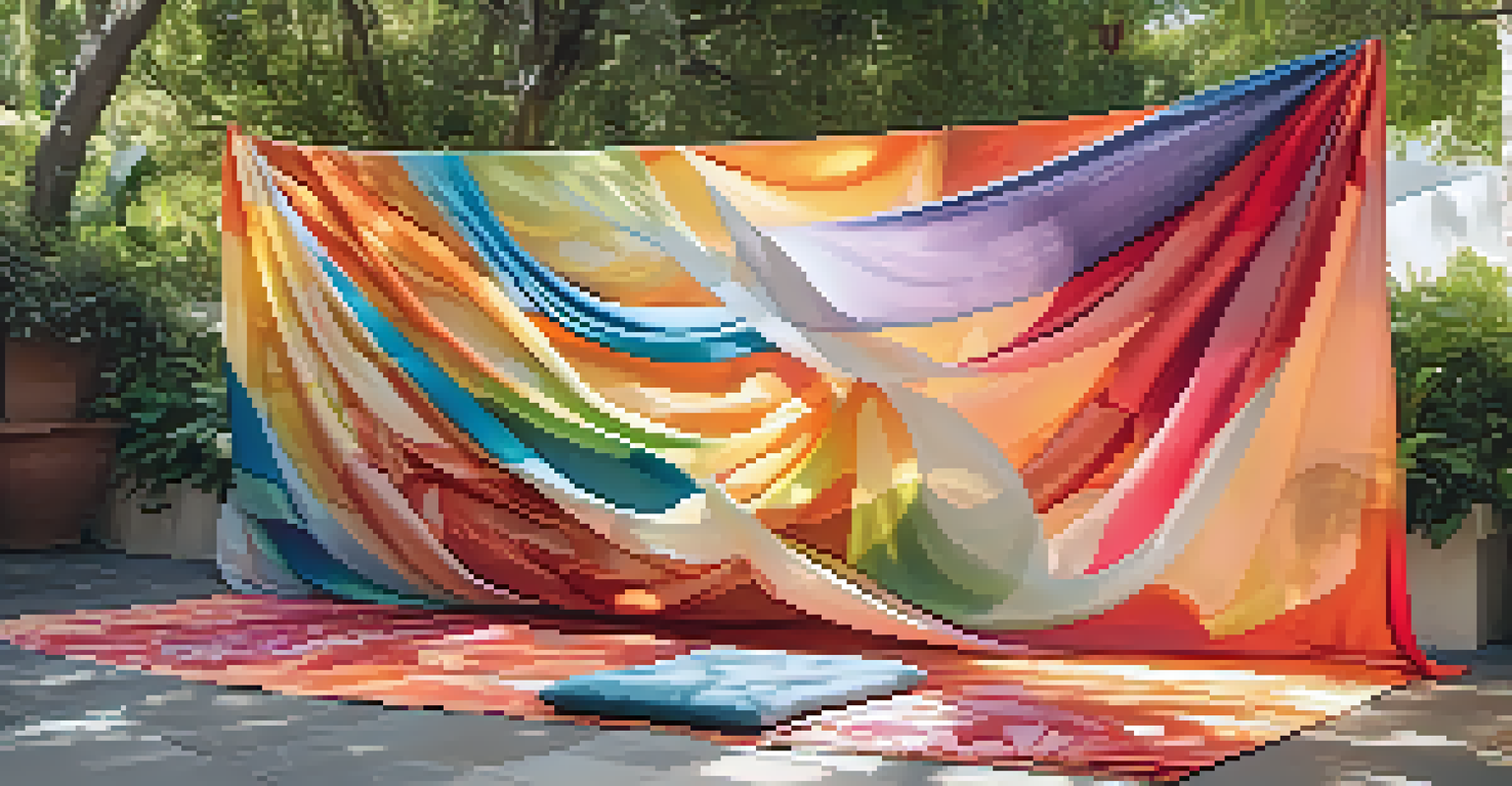 An outdoor art installation with colorful flowing fabric panels in a tranquil garden, surrounded by greenery and flowers, illuminated by soft sunlight.