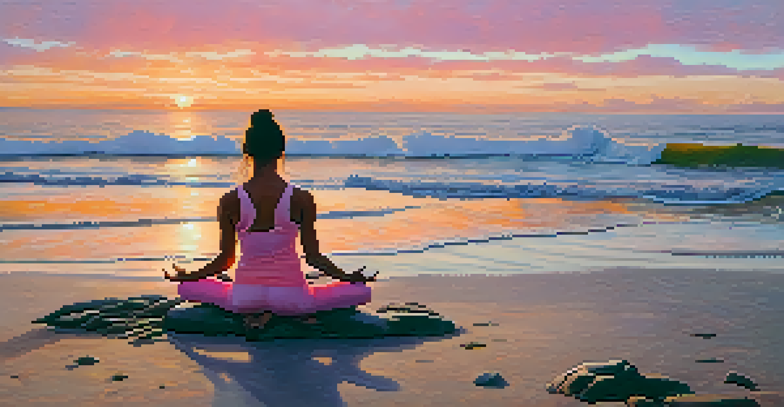 A person practicing yoga on a beach at sunrise with waves in the background.