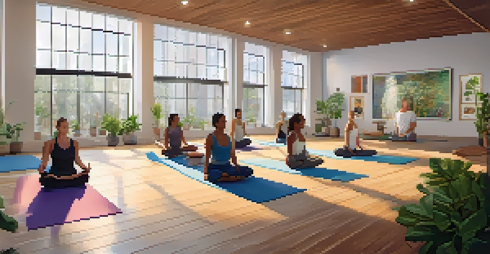 A diverse group of individuals practicing Hatha Yoga in a serene studio with large windows and plants.