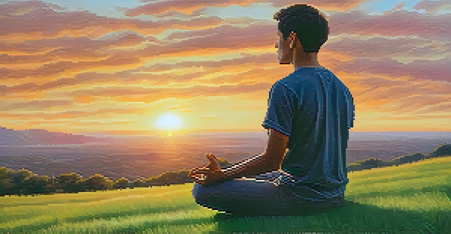 A person meditating outdoors on a grassy hill during sunset, with a serene expression.