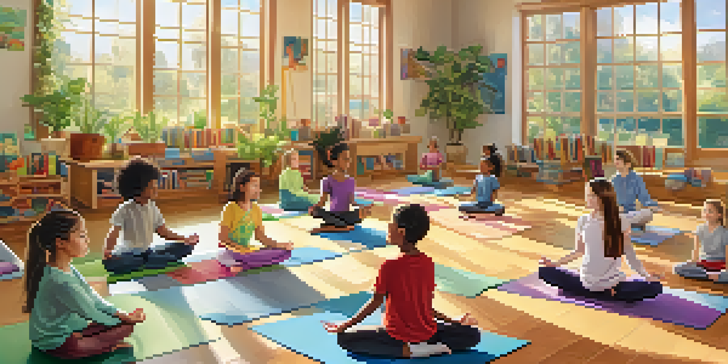 A classroom filled with children practicing yoga on colorful mats, illuminated by natural light, with plants and educational posters around them.