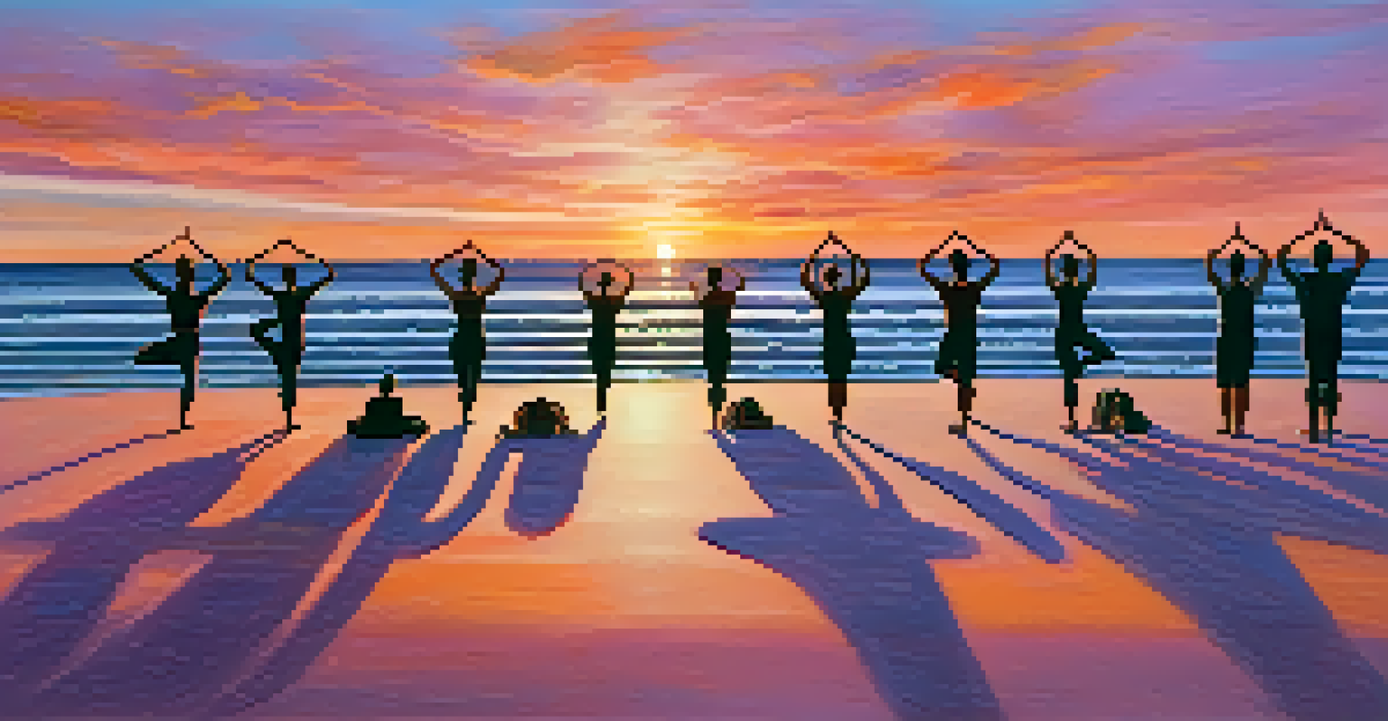 Silhouettes of people practicing yoga poses on a beach during sunset, with vibrant colors in the sky and calm waves.