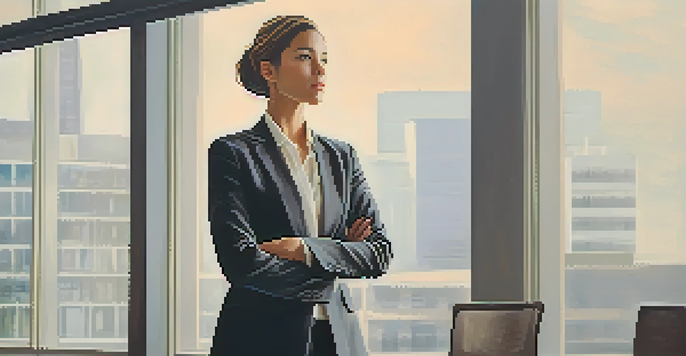 A confident young professional standing tall in an office, dressed in business attire with an open posture and bright natural light from large windows.