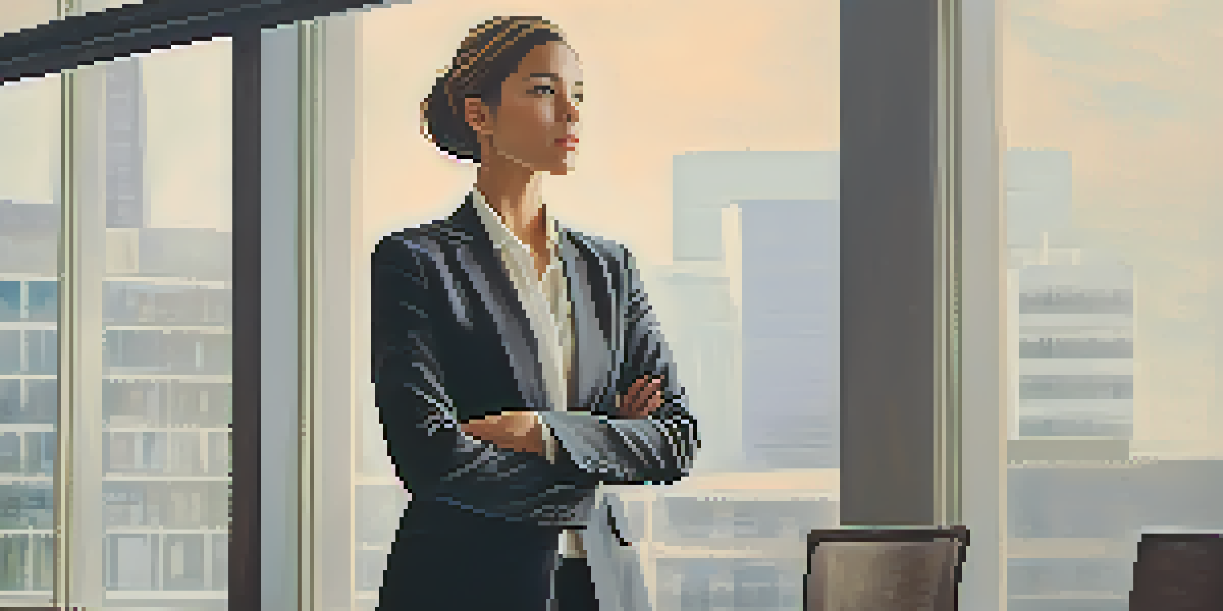 A confident young professional standing tall in an office, dressed in business attire with an open posture and bright natural light from large windows.