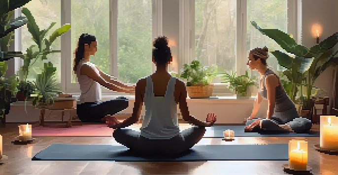 Two partners practicing Supported Fish Pose in a calming yoga studio filled with soft lighting and plants.