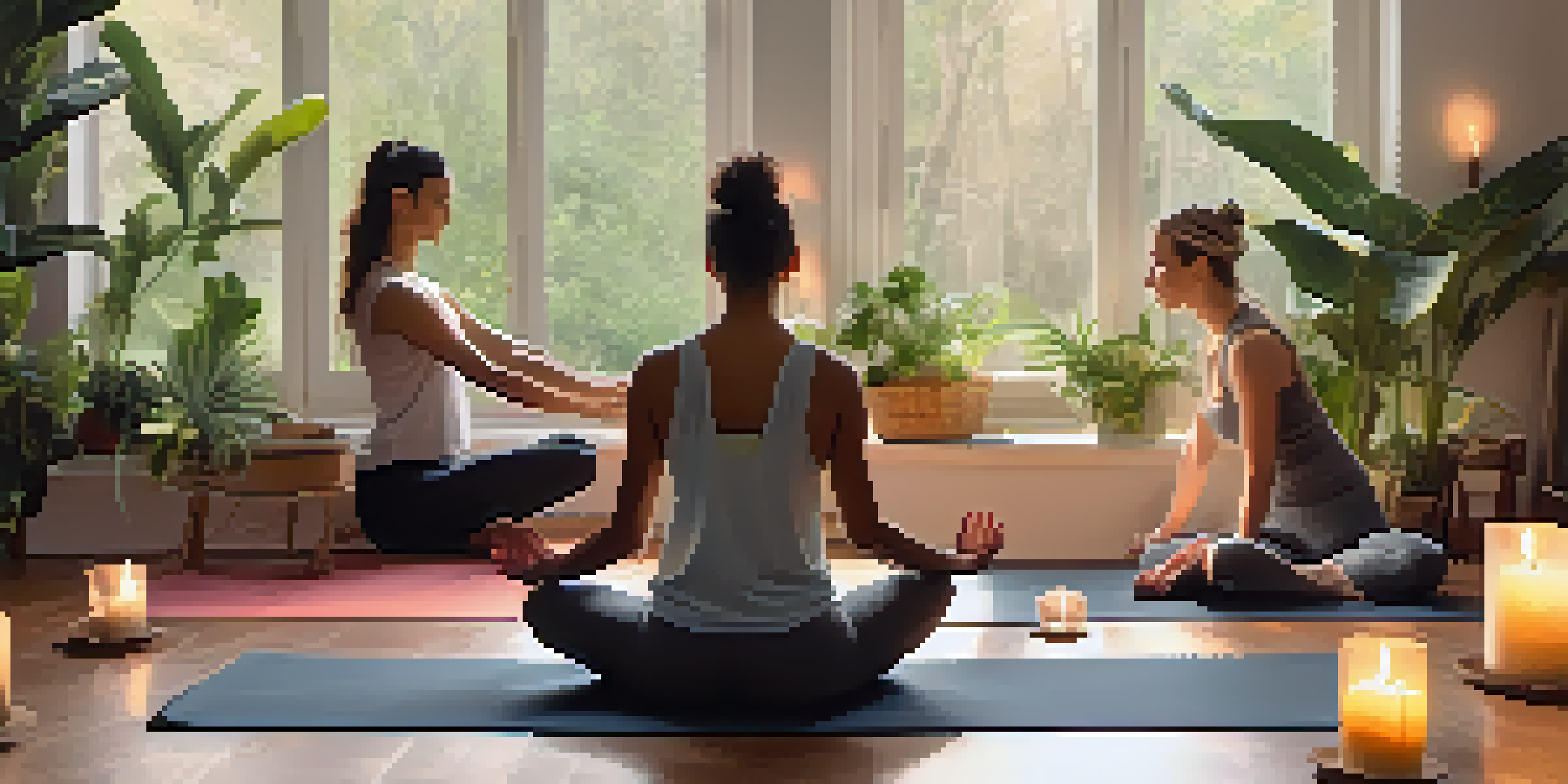 Two partners practicing Supported Fish Pose in a calming yoga studio filled with soft lighting and plants.