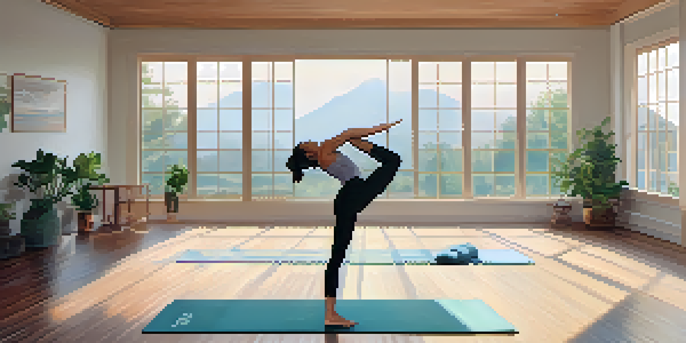 A person practicing Mountain Pose in a bright yoga studio with large windows and plants, creating a calm atmosphere.