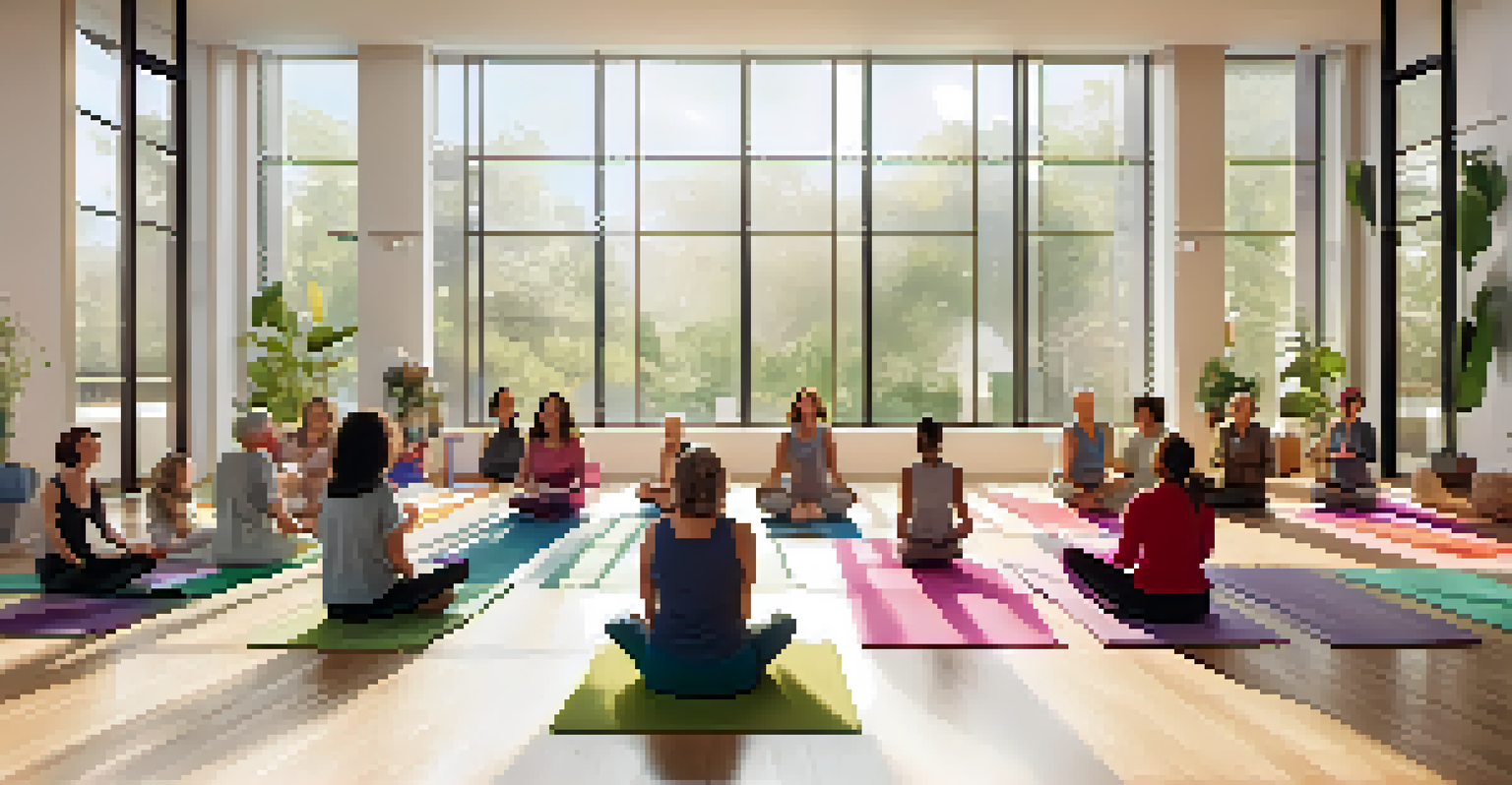 People of different ages sitting in a circle in a bright yoga studio, engaging in laughter exercises with yoga mats on the floor.