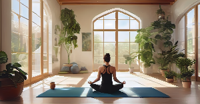 A person practicing yoga in a peaceful indoor setting, illuminated by warm sunlight and surrounded by plants.