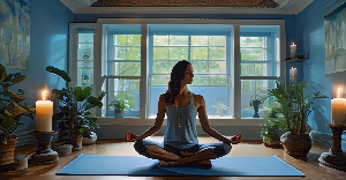 A peaceful yoga studio with soft blue lighting and a person performing Fish Pose surrounded by candles and plants.