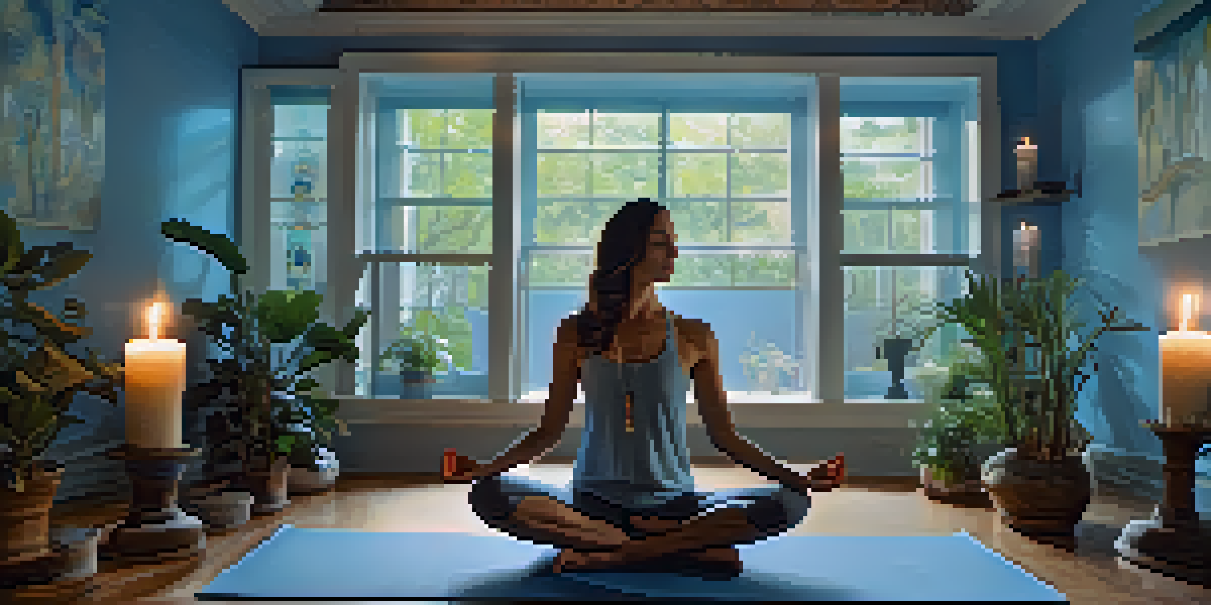 A peaceful yoga studio with soft blue lighting and a person performing Fish Pose surrounded by candles and plants.