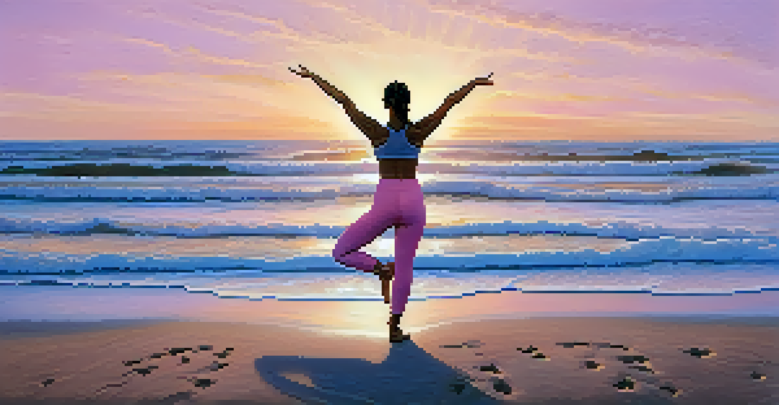 A person stretching on a beach at sunrise with soft colors in the sky and gentle ocean waves.
