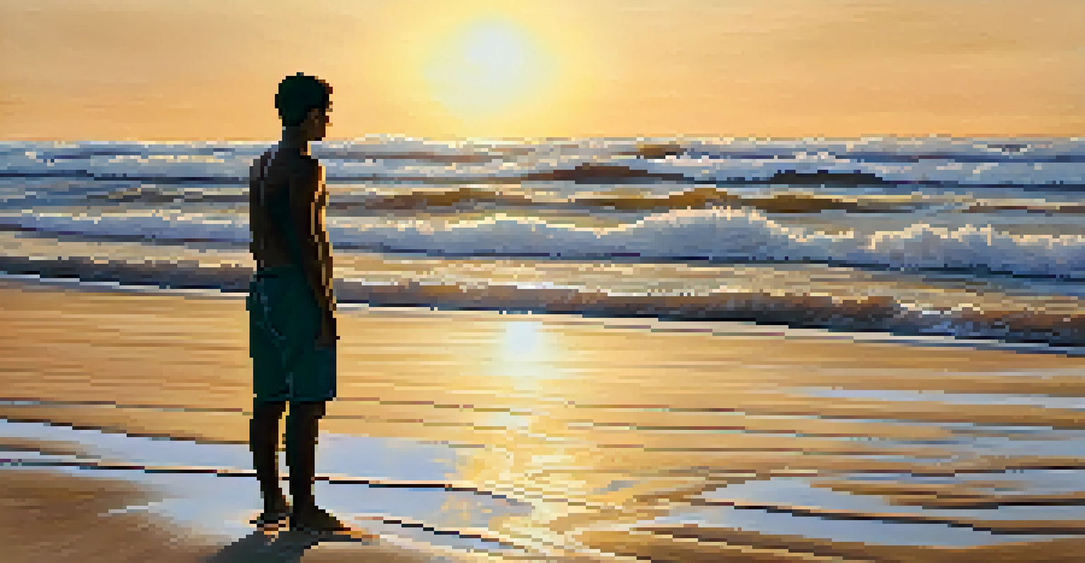 A person practicing Ujjayi breathing on a beach at sunset, with the ocean waves and a golden sky.