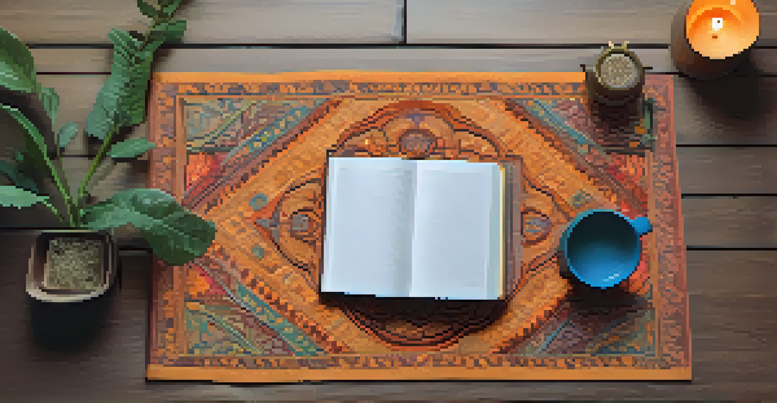 An overhead view of a colorful yoga mat with a journal and cup of tea beside it, set in a cozy, softly lit room.