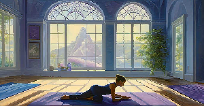 A tranquil yoga studio with a person in Child's Pose, surrounded by crystals and soft indigo lighting.