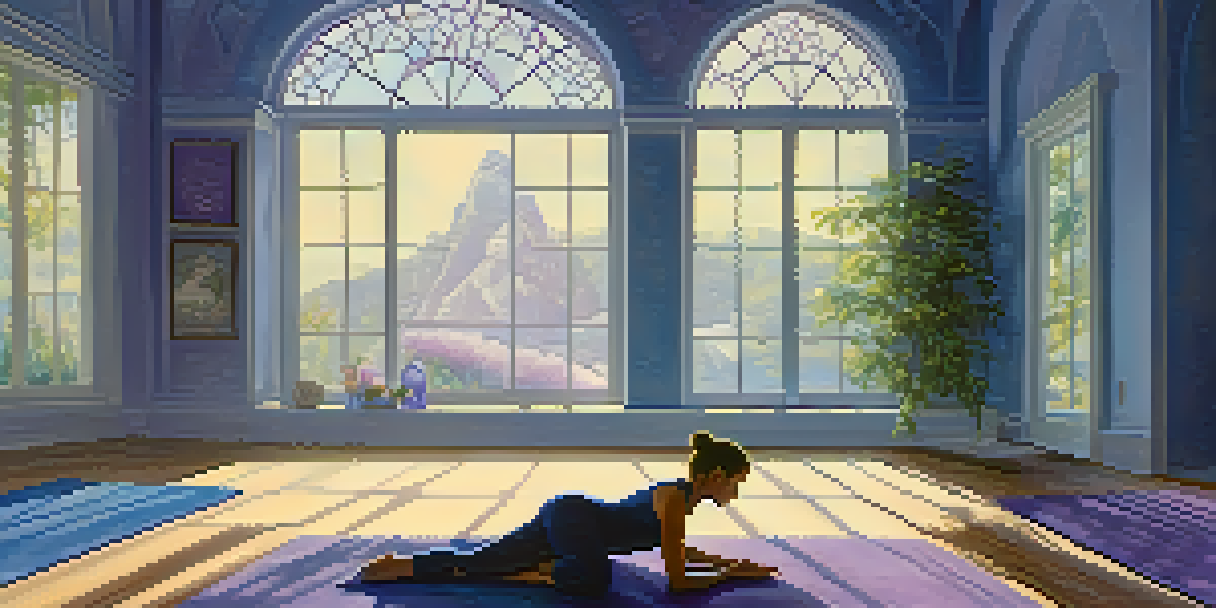 A tranquil yoga studio with a person in Child's Pose, surrounded by crystals and soft indigo lighting.