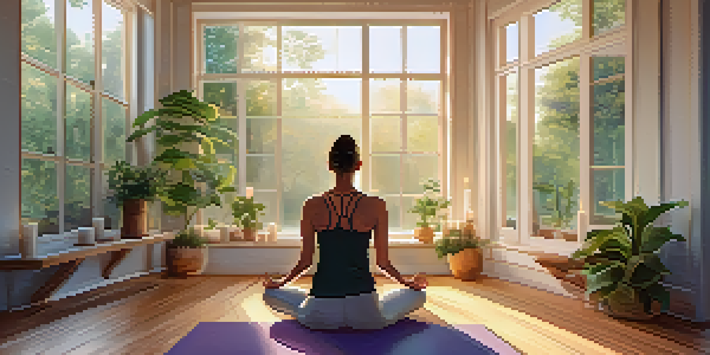 A person practicing yoga in a bright and serene studio with large windows and a view of a garden, surrounded by candles and plants.