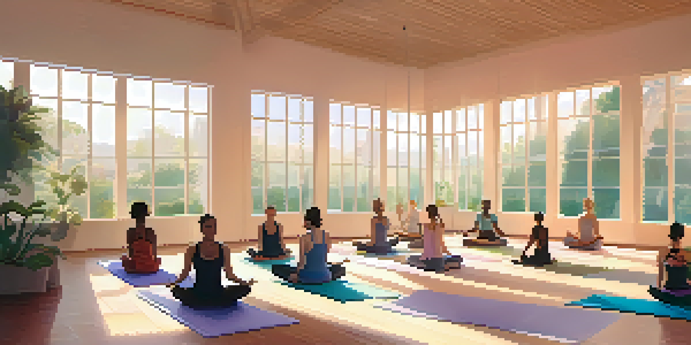 A peaceful yoga studio with people practicing yoga, natural light, and calming decor.