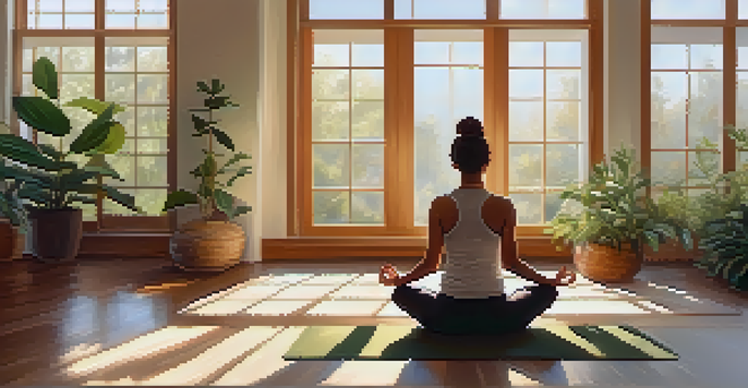 A person practicing Child's Pose in a tranquil yoga studio filled with natural light and plants.