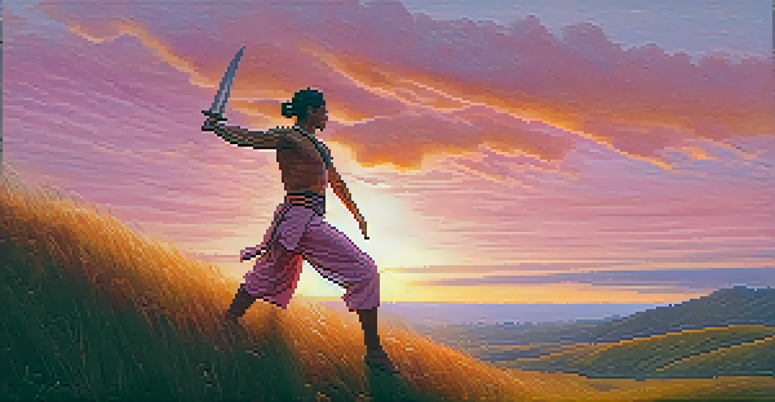 A person performing Warrior II pose on a hilltop at sunset, surrounded by vibrant sky colors.