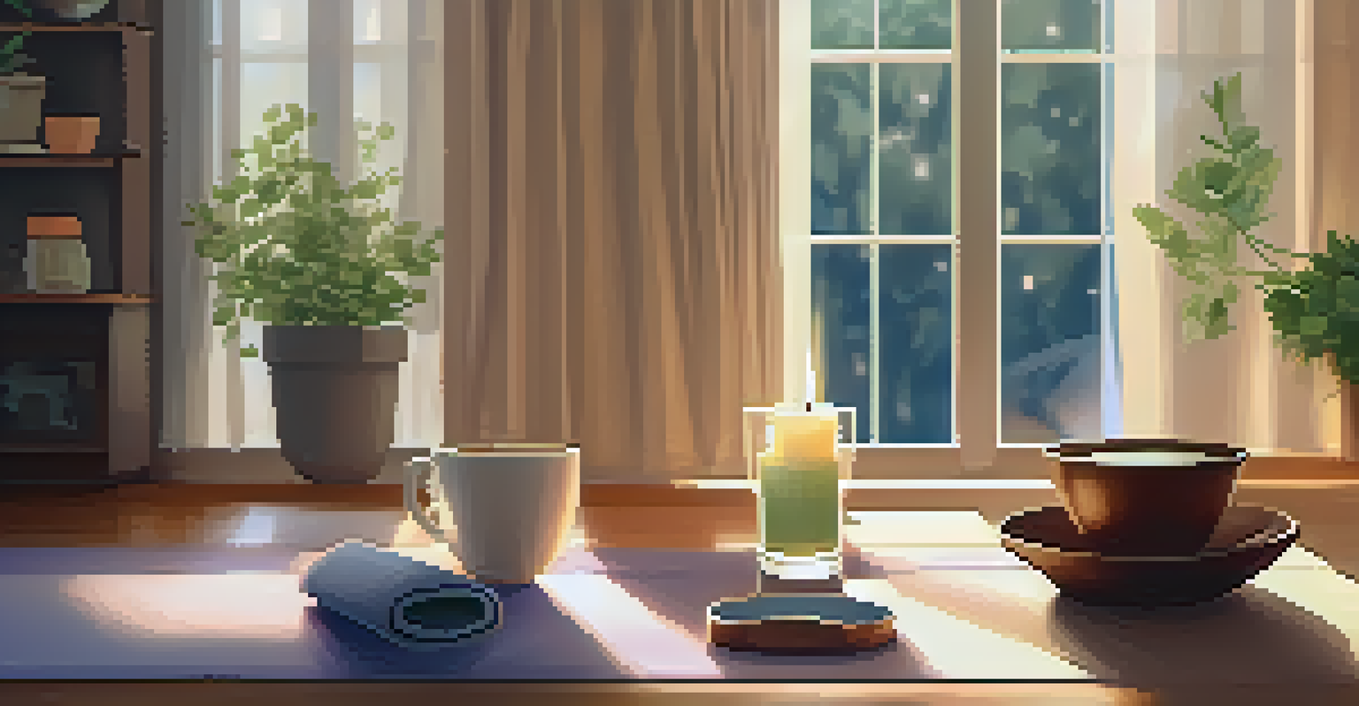 An inviting indoor yoga space with a mat, a candle, and tea, illuminated by warm sunlight.