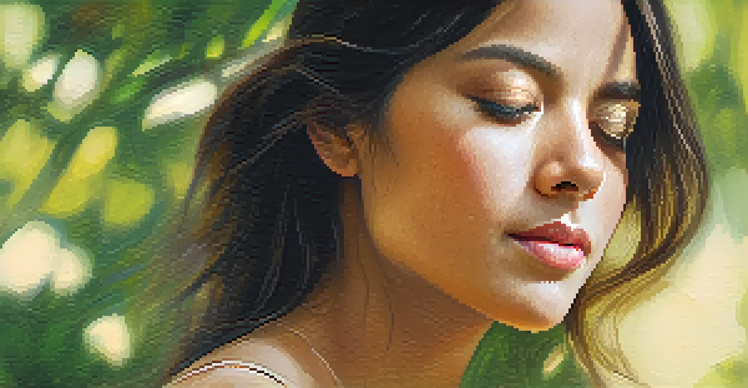 A close-up of a person with a peaceful expression during a breath exercise, surrounded by nature.