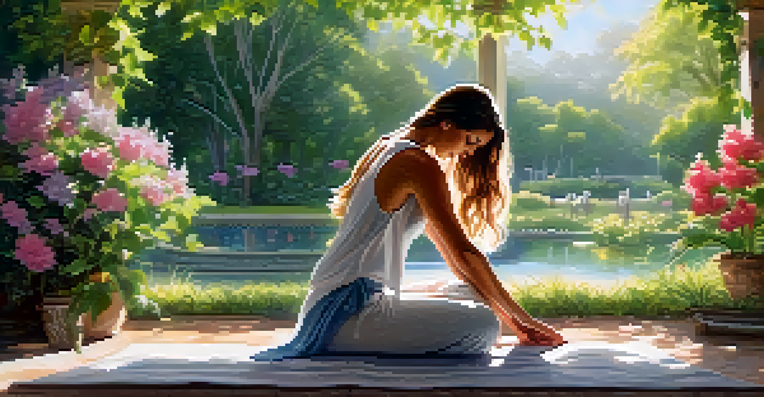 A woman in Forward Bend pose surrounded by lush greenery and flowers in a sunlit outdoor setting, illustrating tranquility and connection with nature.