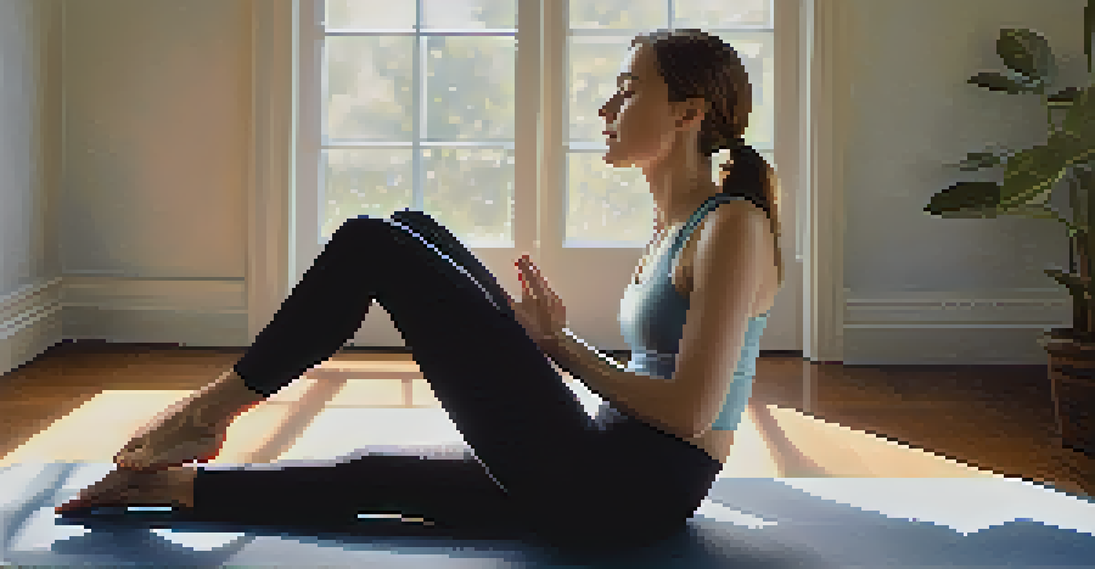 Close-up of a person calmly breathing while seated on a yoga mat, with sunlight creating soft shadows.